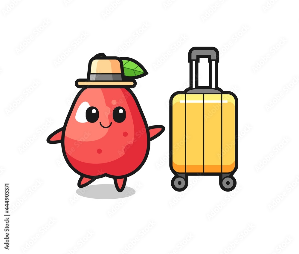 water apple cartoon illustration with luggage on vacation water apple cartoon illustration with luggage on vacation