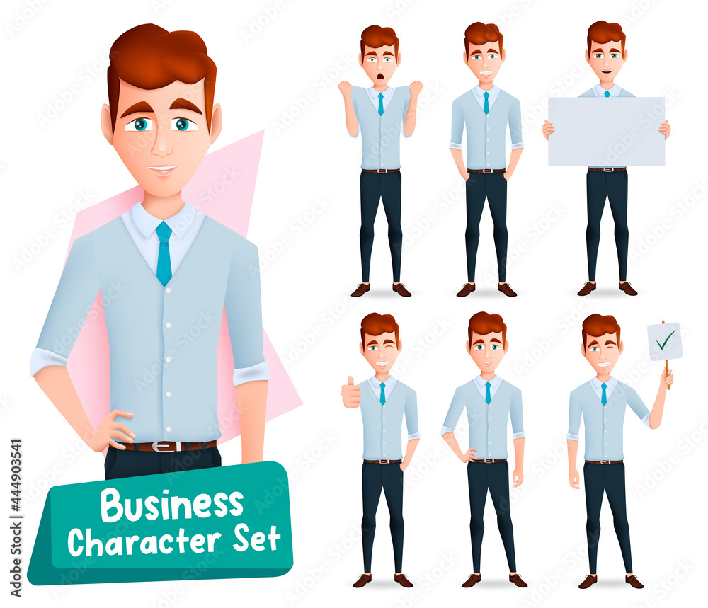 Business man character vector set. Business employee male characters with happy, smiling and angry expressions in standing pose and gestures for office boss cartoon collection design. 