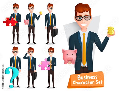 Businessman characters vector set. Business male manager character with standing pose and holding money element for rich employee collection design. Vector illustration
