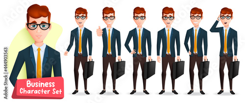 Business man boss character vector set. Businessman male characters in standing pose with serious and happy facial expressions holding suitcase bag for manager employee collection design.