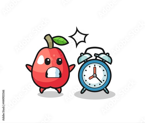 Cartoon Illustration of water apple is surprised with a giant alarm clock