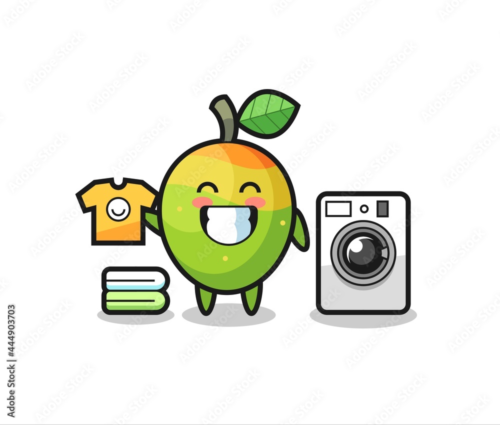 Mascot cartoon of mango with washing machine Mascot cartoon of mango with washing machine