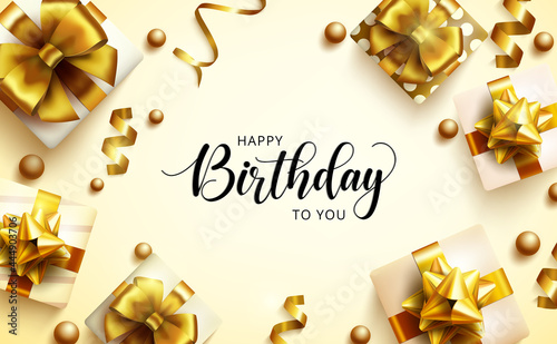 Birthday gold gifts vector background design. Happy birthday to you greeting text with golden elegant gift boxes, ribbon and pearls elements for celebrating birth day party decoration.