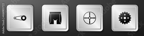 Set Bicycle chain with gear, Cycling shorts, wheel and sprocket crank icon. Silver square button. Vector