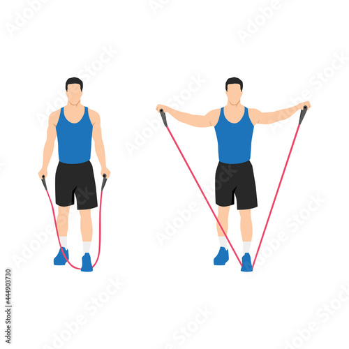 Man doing Resistance band lateral raises. Side raises exercise. Flat vector illustration isolated on white background