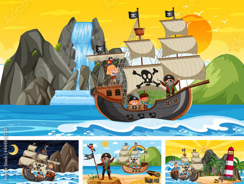 Set of different beach scenes with pirate ship