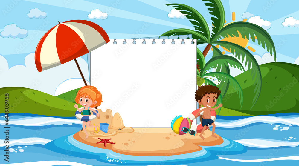 Empty banner template with kids on vacation at the beach daytime scene