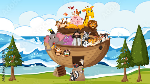 Noah's Ark with animals in the ocean scene