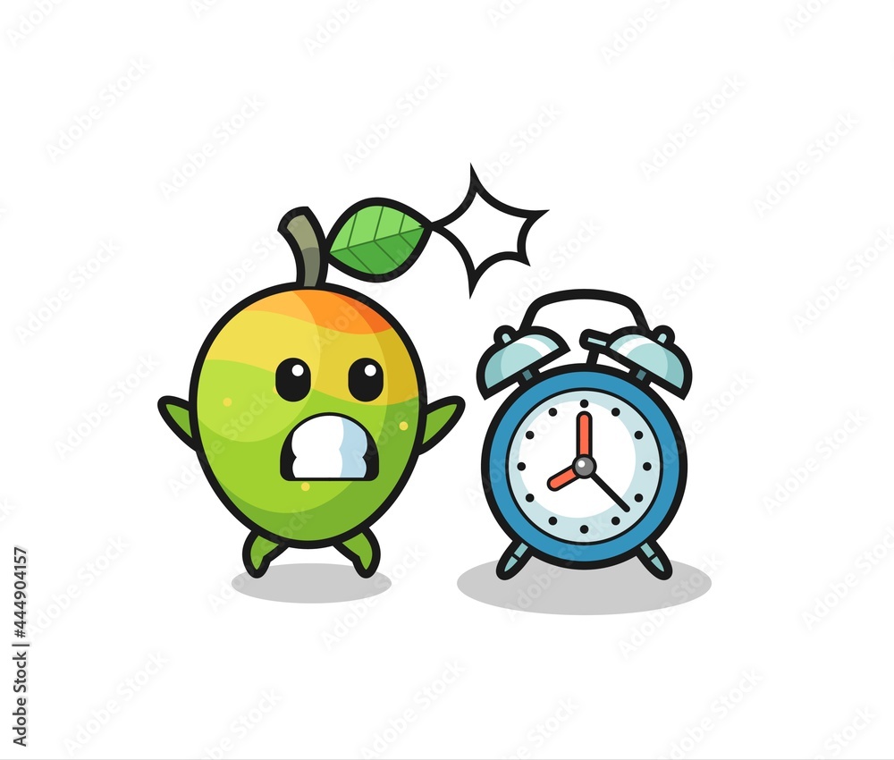 Cartoon Illustration of mango is surprised with a giant alarm clock Cartoon Illustration of mango is surprised with a giant alarm clock