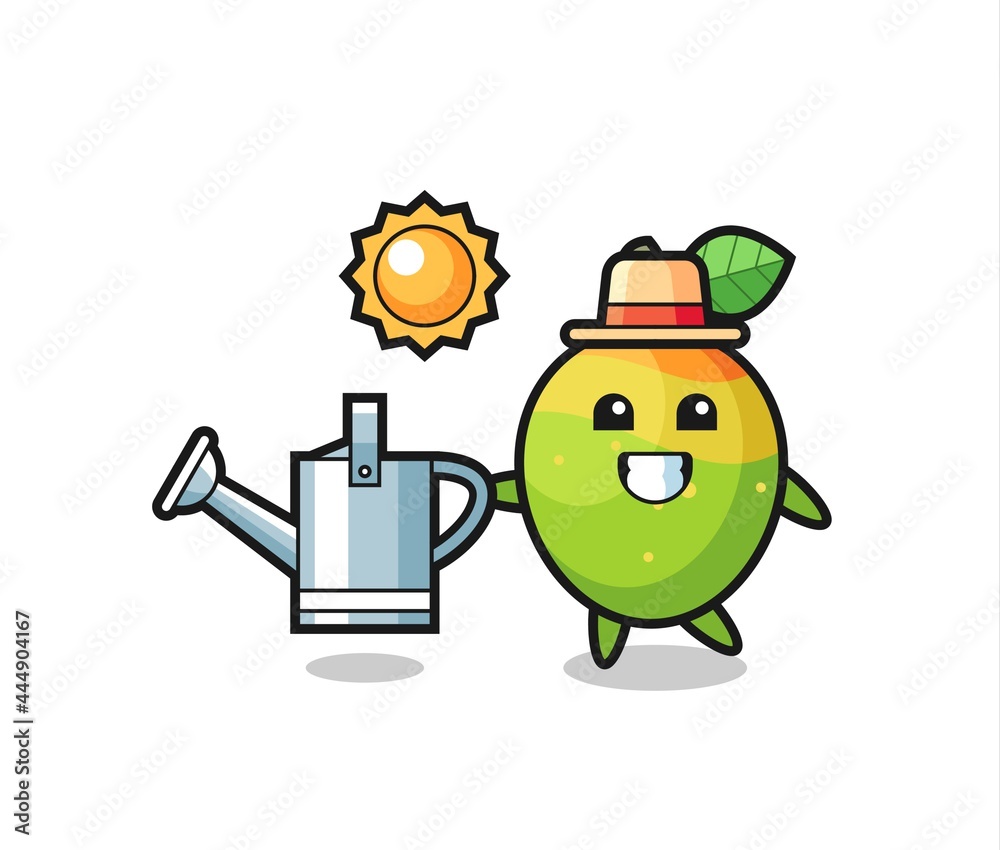 Fototapeta premium Cartoon character of mango holding watering can