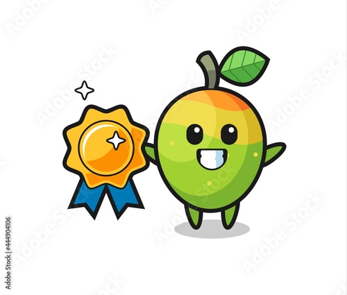 mango mascot illustration holding a golden badge