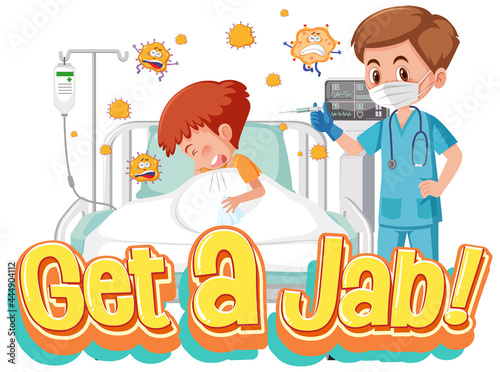 Coronavirus vaccination concept with Jab Time font and doctor cartoon character