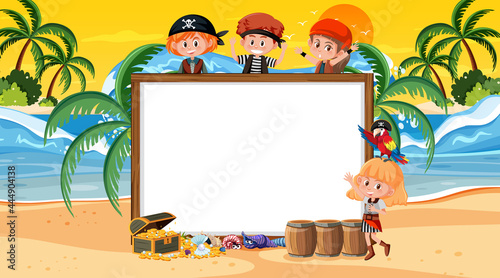 Empty banner template with pirate kids at the beach sunset scene