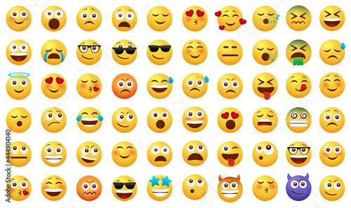 Smileys emoticon vector set. Smiley emoji with happy, funny, sad and in love facial expressions isolated in white background for emoticons icon cartoon collection design. Vector illustration
