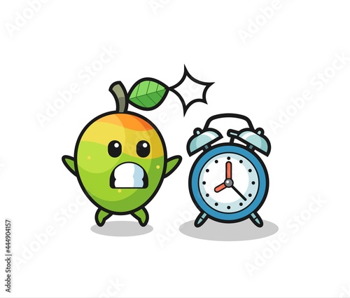 Cartoon Illustration of mango is surprised with a giant alarm clock