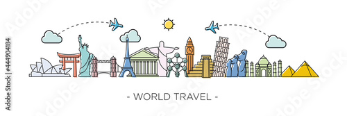 World travel, landmarks silhouettes icons set. Travel around the world. buildings and landmarks on plane. Vector illustration in flat style modern design. isolated on white
