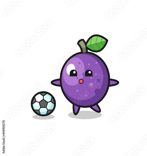 Illustration of passion fruit cartoon is playing soccer
