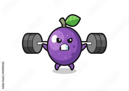 passion fruit mascot cartoon with a barbell