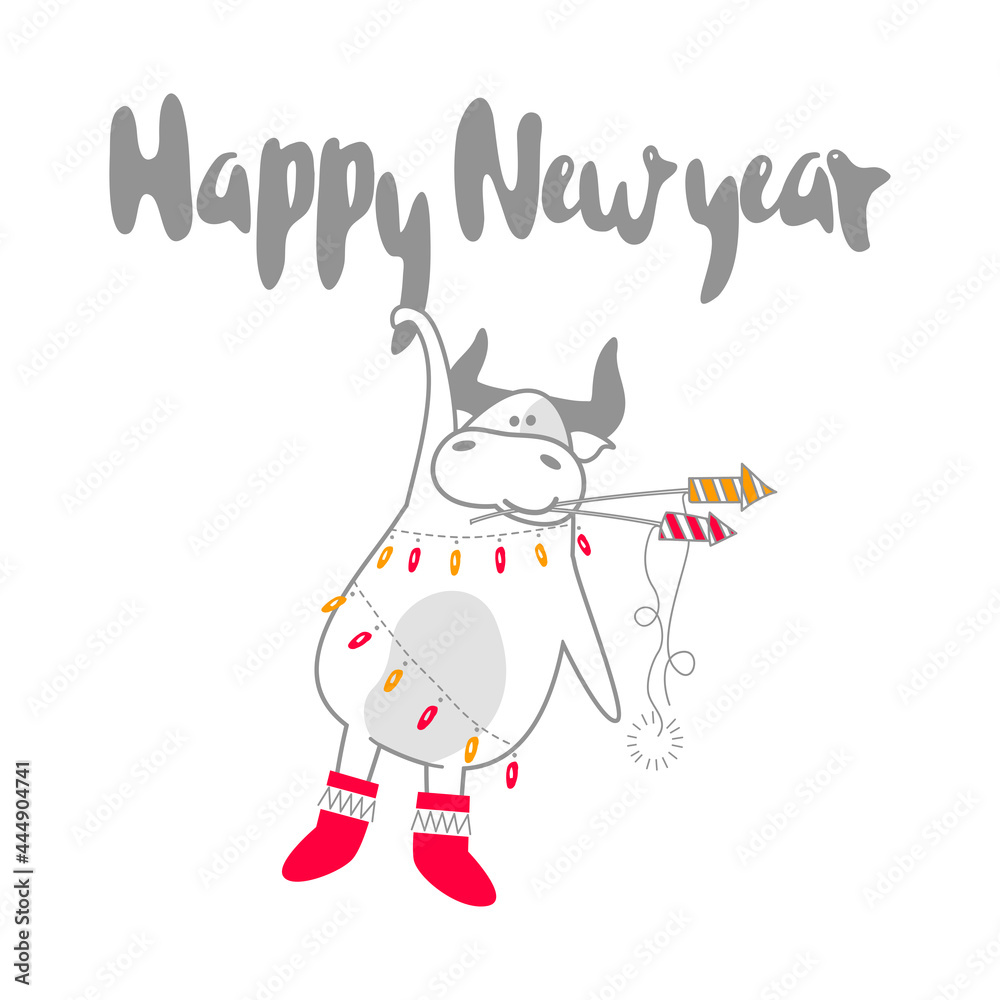 Congratulatory New Year card with a bull in felt boots. A cute animal wrapped in a garland hanging from the letters. Holds a lighted fireworks in his mouth. Funny festive character. Congratulatory New Year card with a bull in felt boots. A cute animal wrapped in a garland hanging from the letters. Holds a lighted fireworks in his mouth. Funny festive character.