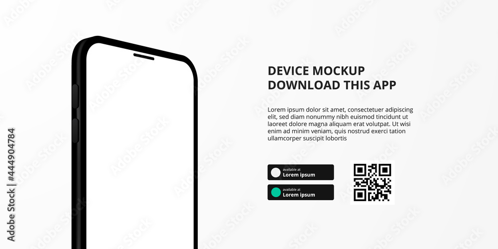 landing page banner advertising for downloading app for mobile phone, 3D smartphone device mockup. Download buttons with scan qr code template. - obrazy, fototapety, plakaty 