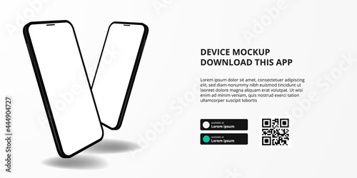 landing page banner advertising for downloading app for mobile phone, 3D double two smartphone float device mockup. Download buttons with scan qr code template.
