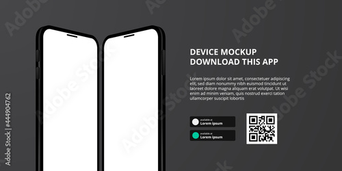 landing page banner advertising for downloading app for mobile phone, 3D mirror smartphone device mockup. Download buttons with scan qr code template.