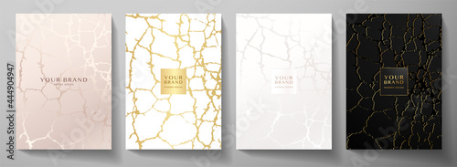 Modern cover, frame design set. Premium abstract pattern with crack texture (grunge background). Luxury vector in pink, gold, white, black colour for catalog, brochure template, restaurant or cafe men