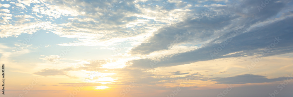 Sun light  sky  panorama  of heaven sunset background, World environment day concept, Abstract amazing Scene of   Colorful sunset, In the twilight golden atmosphere ,wide angle shot Panorama shot view