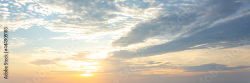 Sun light sky panorama of heaven sunset background, World environment day concept, Abstract amazing Scene of Colorful sunset, In the twilight golden atmosphere ,wide angle shot Panorama shot view