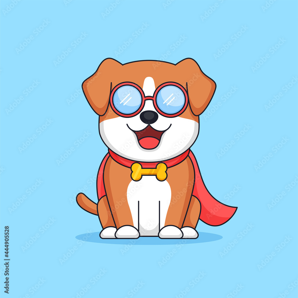 cute geek dog wearing super hero cloak animal mascot cartoon vector illustration