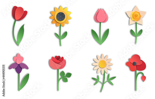 Flower icons, paper cut design, vector illustration