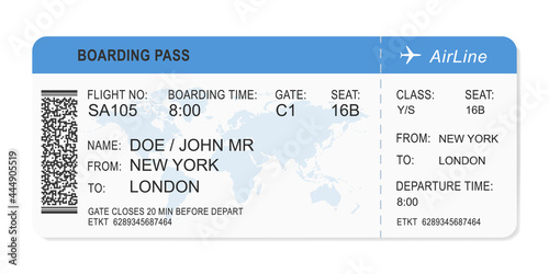 Airline ticket on white background. Single boarding pass with passenger name, departure data and QR code. Realistic vector element for travel, touristic, vacation or business concept.