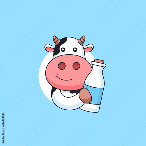 cute cow holding fresh milk bottle animal mascot logo cartoon vector illustration