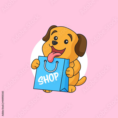 Puppy dog holding shopping bag animal store mascot logo vector illustration