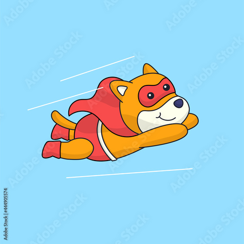 Flying cute super hero shiba inu dog wearing costume and cloak animal mascot cartoon vector illustration