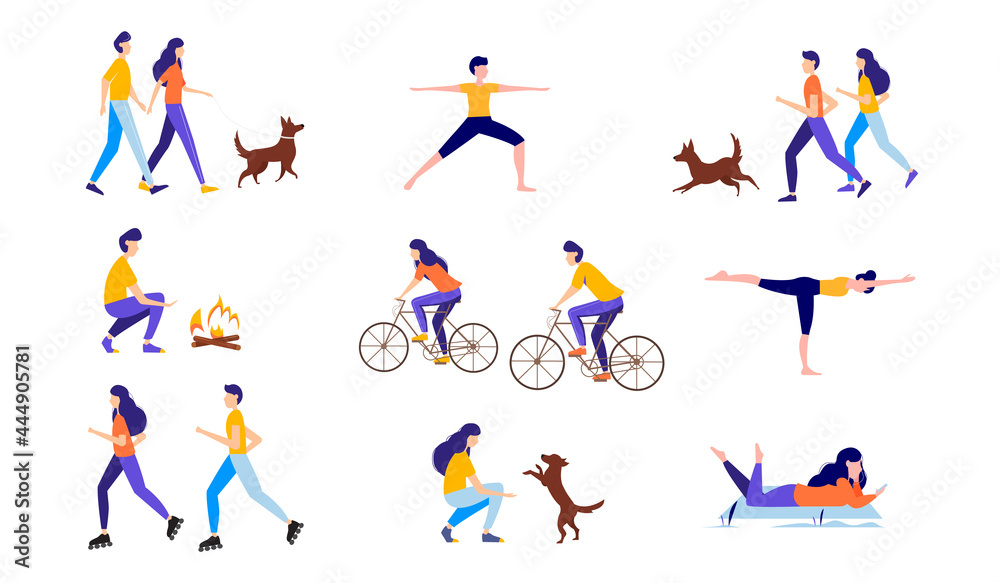 Happy men and women doing various summer activities: running, walking the dog, cycling, traveling, doing yoga. Vector illustration.