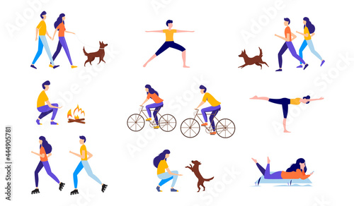 Happy men and women doing various summer activities: running, walking the dog, cycling, traveling, doing yoga. Vector illustration.