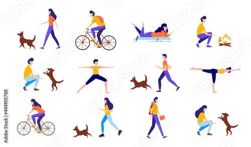 Big set with people. People performing summer outdoor activities. Active lifestyle concept. Vector illustration.