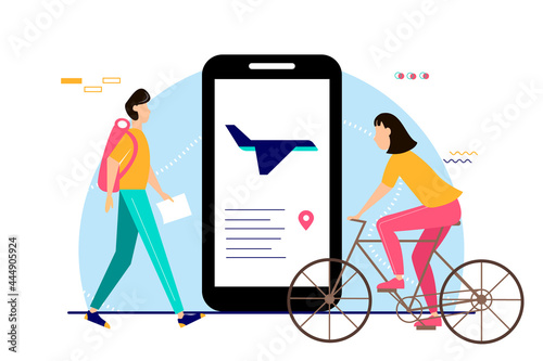 Buying a ticket or registering a tour through the app. Tourists next to a modern smartphone. Vector illustration in a flat style.