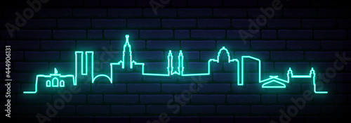 Blue neon skyline of Makkah. Bright Makkah City long banner. Vector illustration.