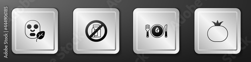 Set Facial cosmetic mask, No pack of milk, Vegan food diet and Tomato icon. Silver square button. Vector