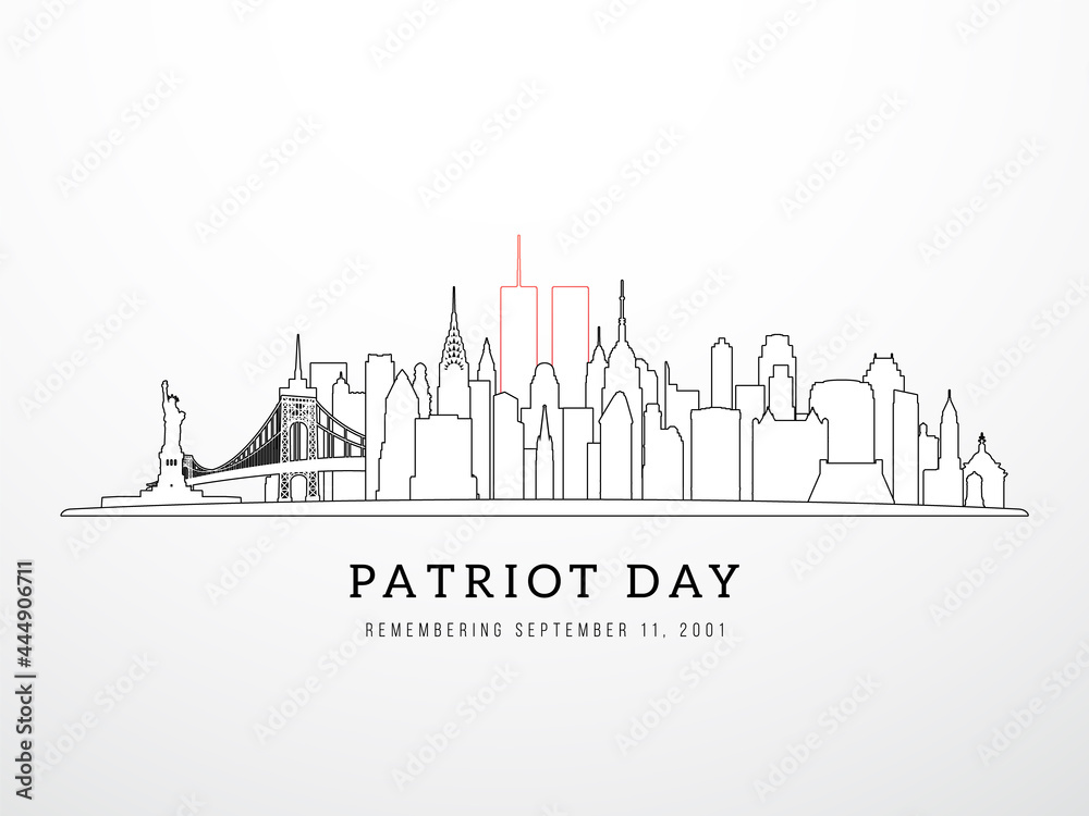 Patriot Day 9-11 banner. New York skyline view September 11, 2001. NYC in linear style. Poster, card, banner and background. Stock Vector illustration.