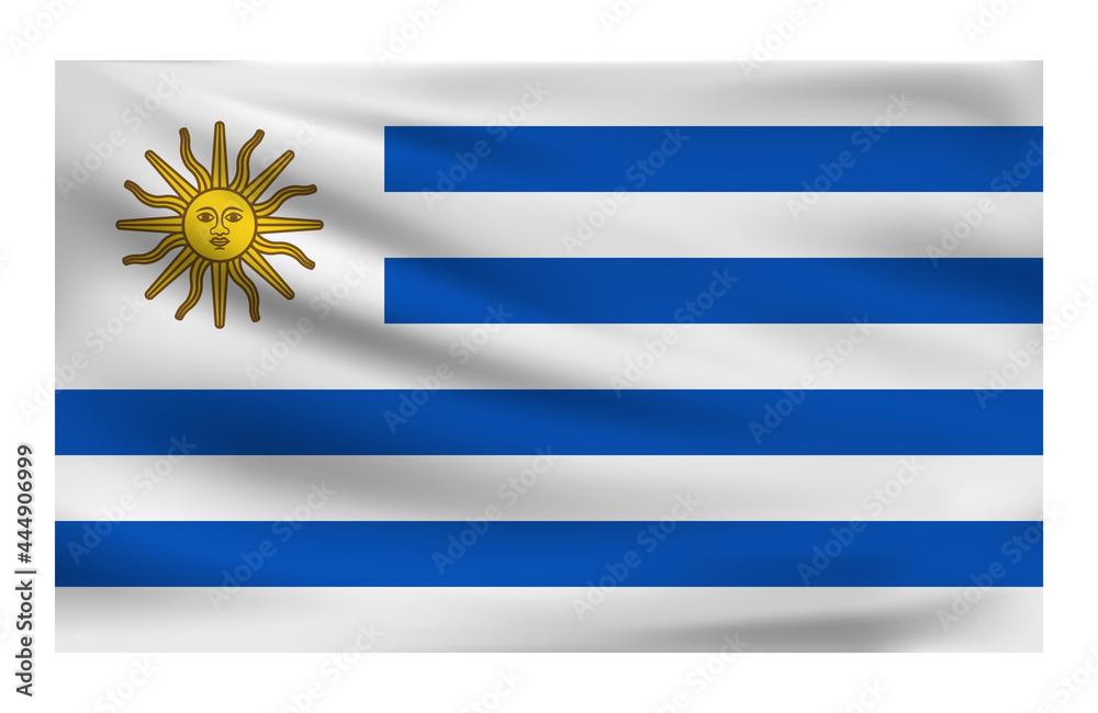 Fototapeta premium Realistic National flag of Uruguay. Current state flag made of fabric. Vector illustration of lying wavy cloth in national colors of Uruguay.