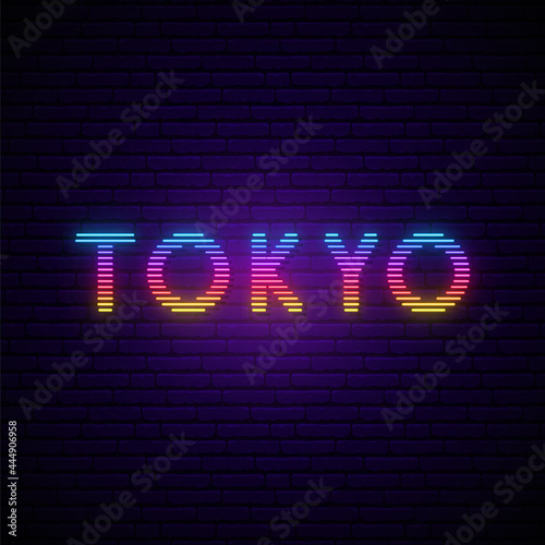 Tokyo lettering in neon style. Bright Tokyo inscription vector illustration in retro 80s style.