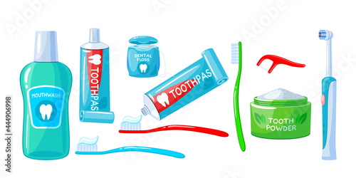 Teeth care collection. Vector illustration cartoon flat icon set isolated on white background.