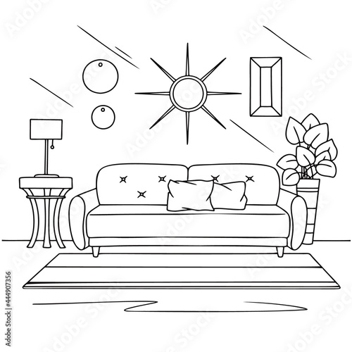 Living room sketch in black on white. Interior sketch, sofa, lamp and other furniture. Vector