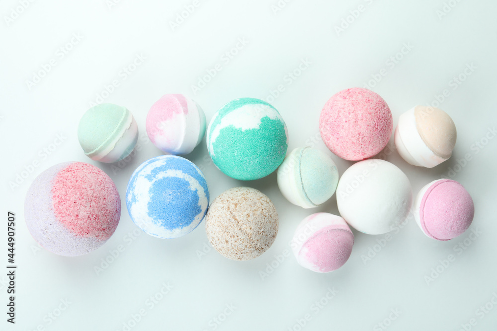 Different bath balls on white background, top view Different bath balls on white background, top view