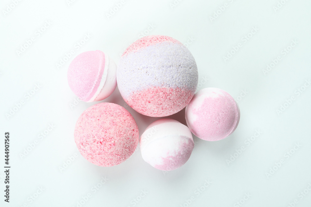 Pink bath balls on white background, close up Pink bath balls on white background, close up