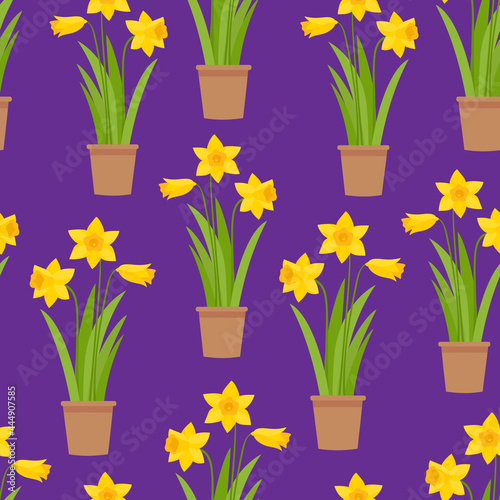 Vector seamless pattern of yellow daffodils on violet background.