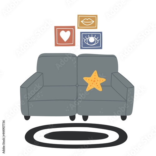 Vector illustration of living room interior with sofa, carpet, pictures